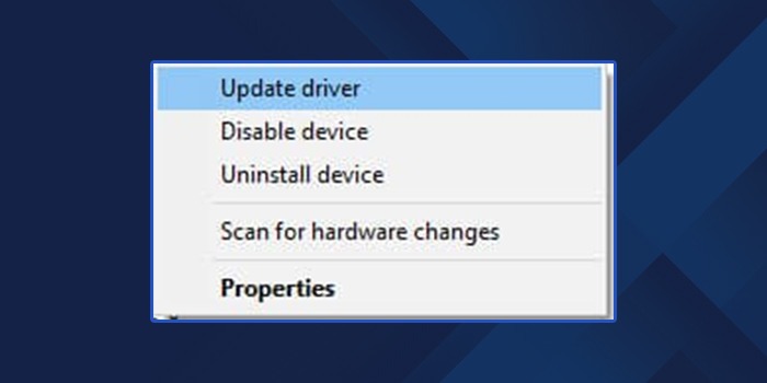 click the “Update Driver” option from the dropdown