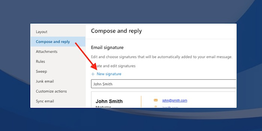 Compose and reply option the Click New signature