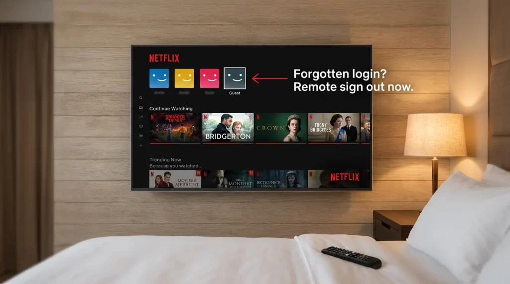 Netflix active on hotel smart TV showing forgotten login risk after checkout - remote sign out needed