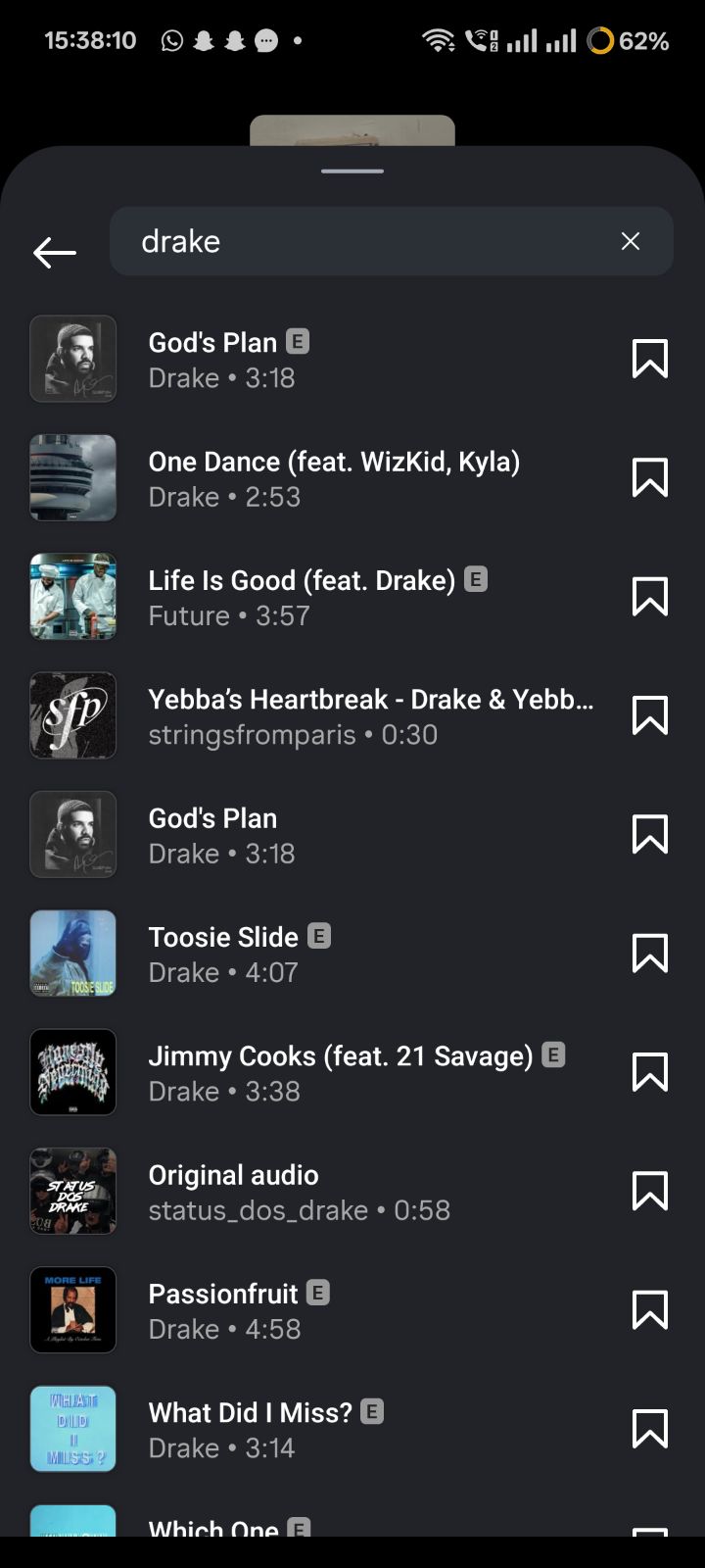 Instagram music search screen showing no results when searching only by artist name