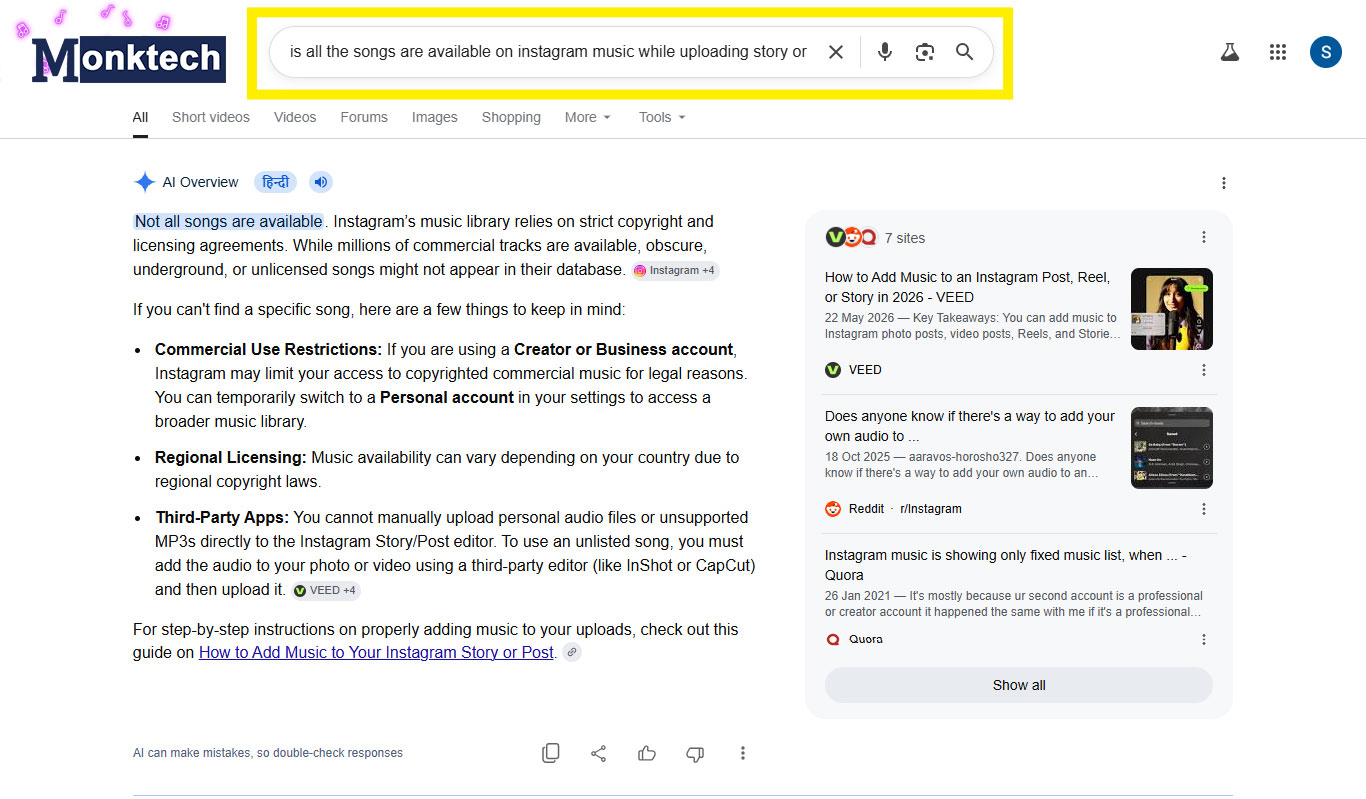 Side-by-side screenshots showing Google search results for Instagram music availability tips and online forum discussions.