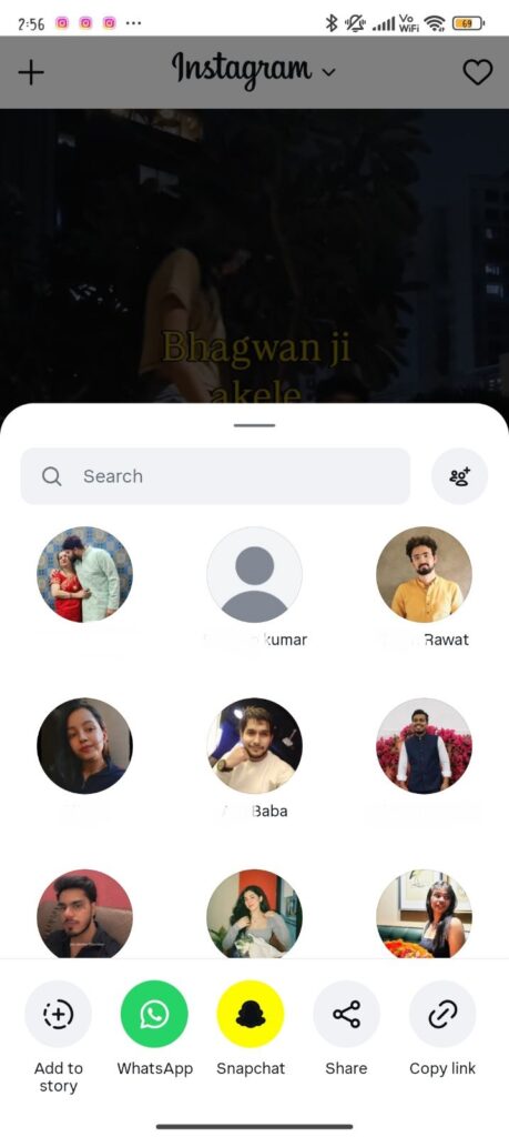 Instagram reel sharing menu showing missing contacts error glitch