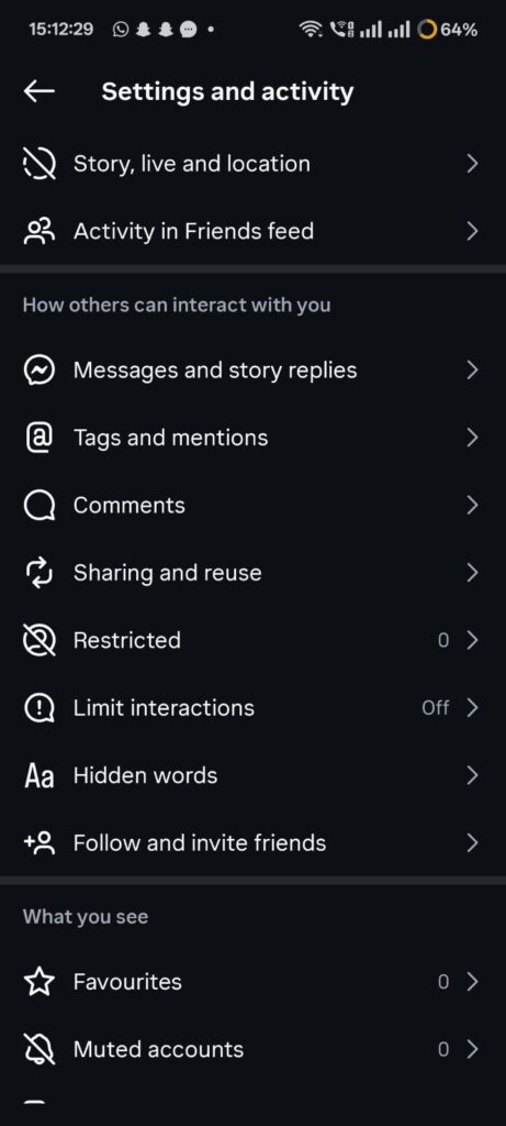 Step 2 of enabling Instagram reposts showing the Settings and activity menu with the Sharing and reuse option highlighted on a Realme device