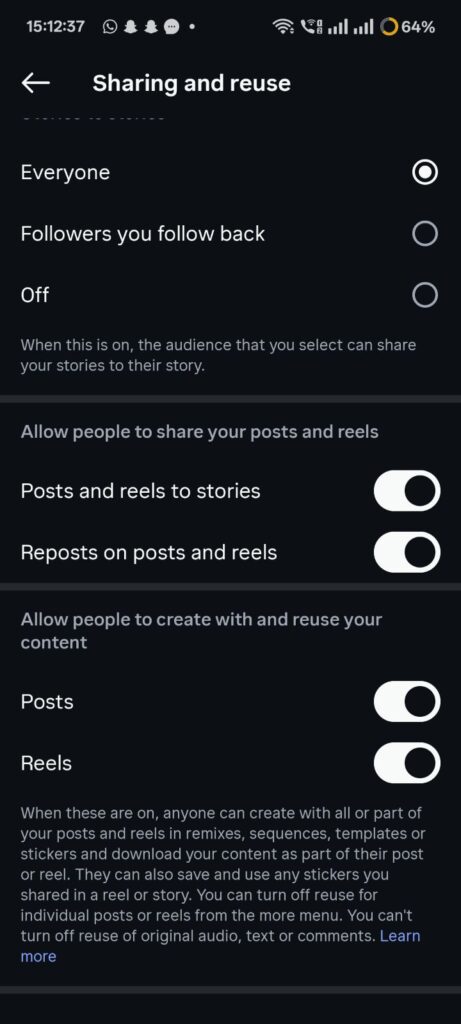 Step 3 of enabling Instagram reposts showing the toggles turned on for sharing posts and reels to stories and enabling reposts on a Realme device