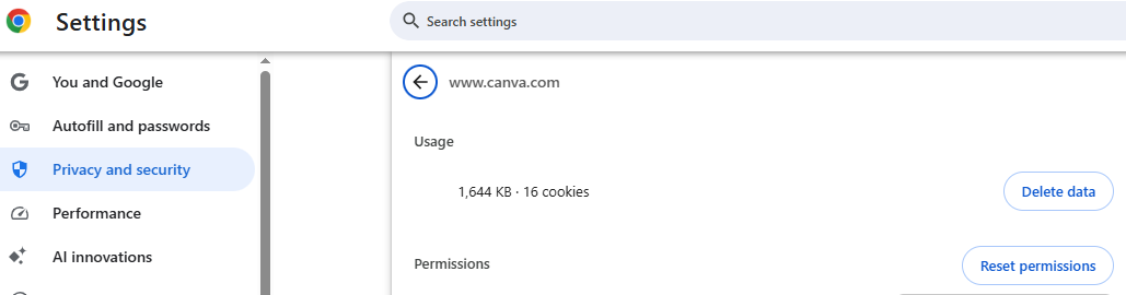 Screenshot of Chrome settings to clear cookies and cache specifically for Canva
