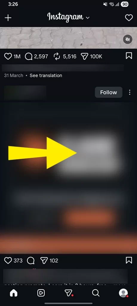Screenshot showing step 1 of fixing missing Instagram Live option by opening the profile screen