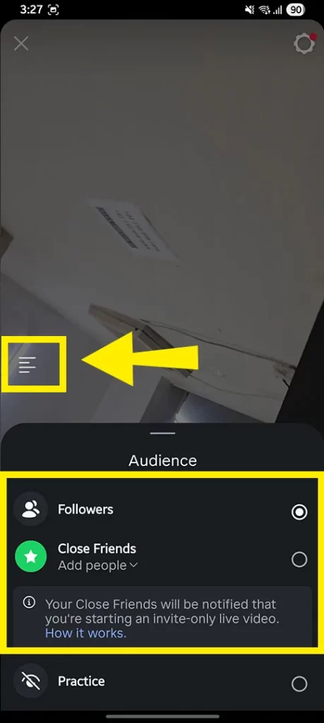 Screenshot showing step 3 of going live on Instagram by opening the left-side camera menu to configure live options