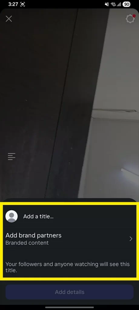 Screenshot showing step 4 of going live on Instagram by clicking the options menu on the left side to add a title or brand partners