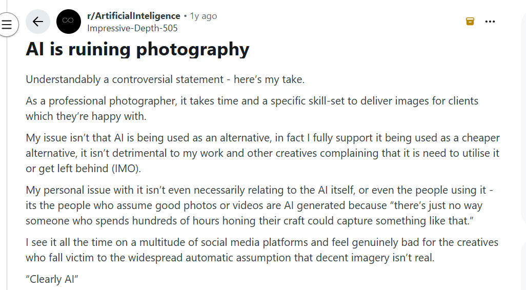 A screenshot of a Reddit post from r/ArtificialIntelligence titled "AI is ruining photography," discussing how professional photographers face false assumptions that their edited photos are entirely AI-generated.