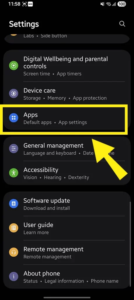 Smartphone settings screen with a yellow box and arrow highlighting the Apps menu option, representing the first step to clear the YouTube app cache