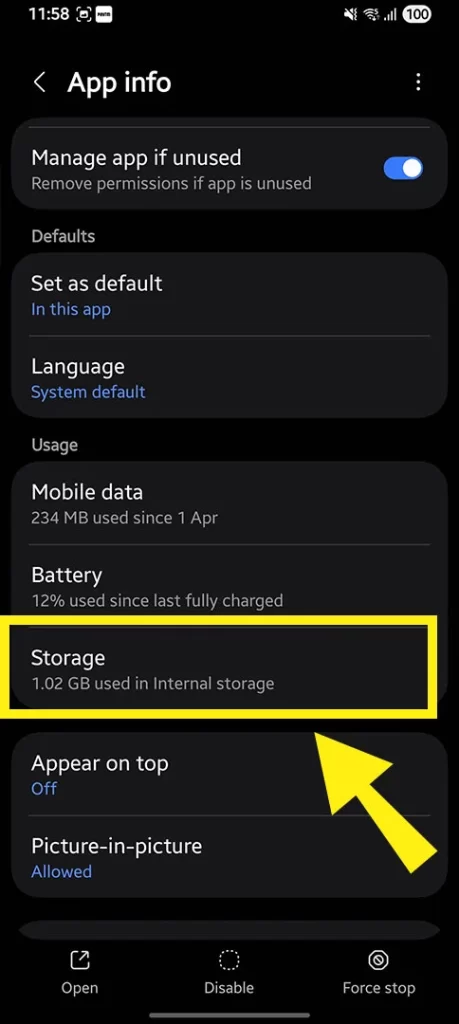 Smartphone app info settings screen with a yellow box highlighting the Storage option, marking the third step to clear the YouTube app cache