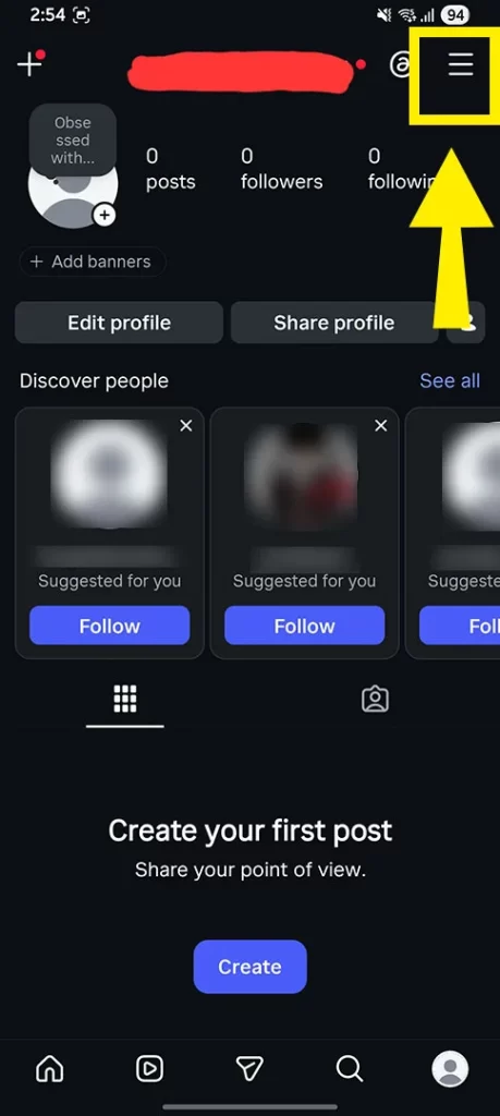 Screenshot showing step 1 of fixing missing Instagram Live option by accessing the profile settings menu on Android.