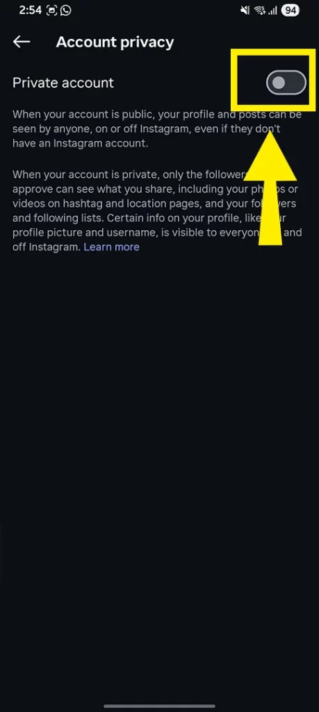 Screenshot showing step 3 of fixing missing Instagram Live option by toggling off the private account setting on Android