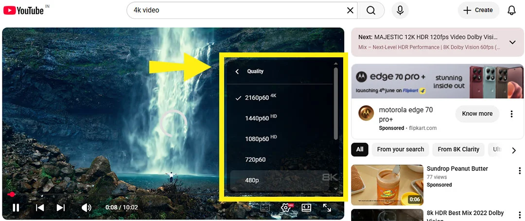Screenshot of the YouTube video player quality settings menu on a smartphone, highlighting how to manually lower video resolution to fix buffering on a fast internet connection