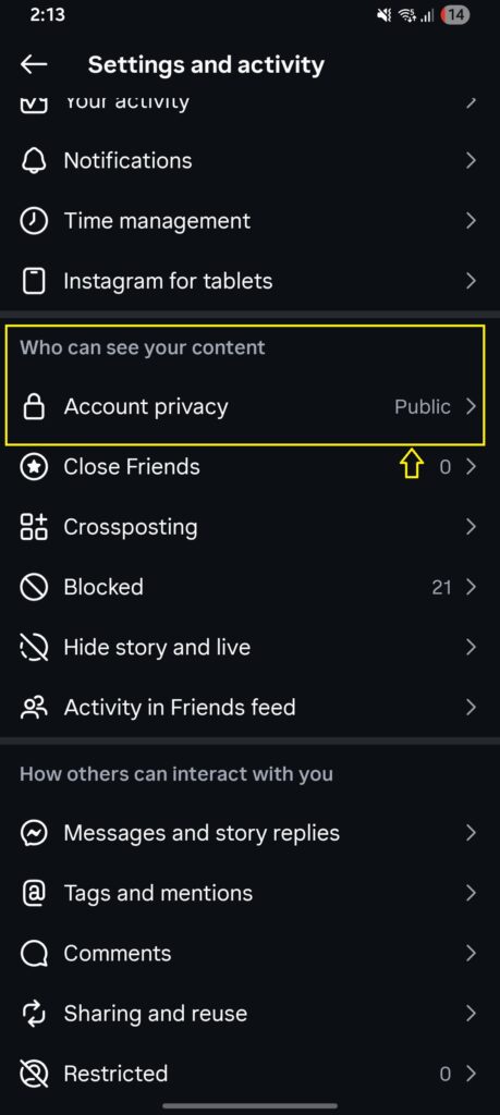 tap Account privacy